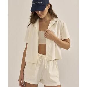 Outdoor Voices Cream Cropped Button Up Shirt Lightweight Active Top Size M